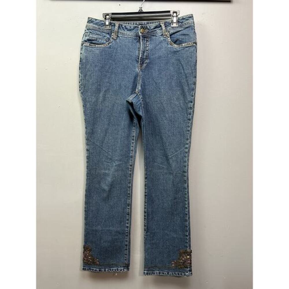 Sharon Young Jeans Womens 10 Beaded Bootcut Blue Denim‎ Mid Rise Embellished